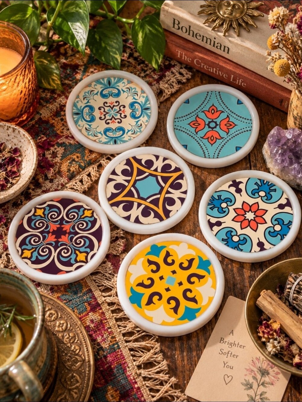 4/$15 Handmade Boho Maximalist Coaster Set of 6 | Colorful Eclectic Home